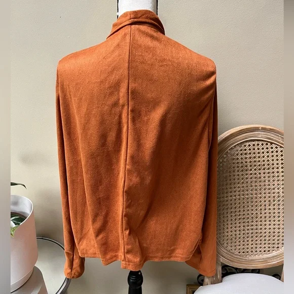 Orange Waterfall Cardigan Sweater Blazer with Suede Texture - Picture 3 of 5